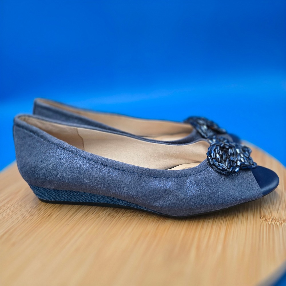 Alex Marie‎ Peep Toe Wedge Flats Embellished Blue Suede Women's Size 8.5M